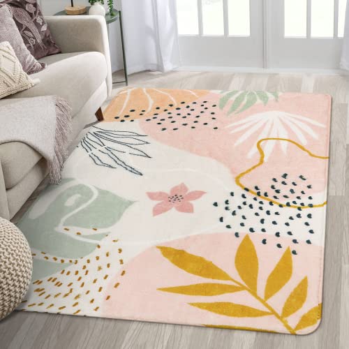 Lahome Pink Washable Living Room Area Rug - 3x5 Small Rugs for Bedroom Non-Slip Throw Soft Nursery Kids Room Low-Plie Boho Botanical Print Capet for Kitchen Entryway Office Bath Laundry Dining Room