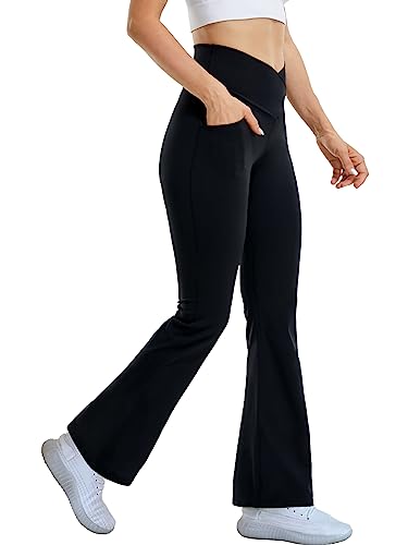 Cicendy Flare Yoga Pants with Pockets for Women,High Waisted V Crossover Bootcut Yoga Leggings Stretchy Casual Workout Pants Black