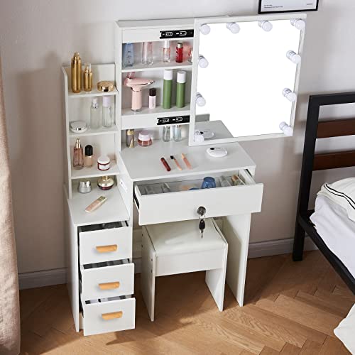 Jansaimei Makeup Vanity Desk Set with Lockable Drawers, Large Storage Capacity Dressing Table with Sliding Mirror, 3 Color Lighted Modes and Cushion Chair. Vanity for Girls, Women. White