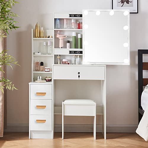 Jansaimei Makeup Vanity Desk Set with Lockable Drawers, Large Storage Capacity Dressing Table with Sliding Mirror, 3 Color Lighted Modes and Cushion Chair. Vanity for Girls, Women. White