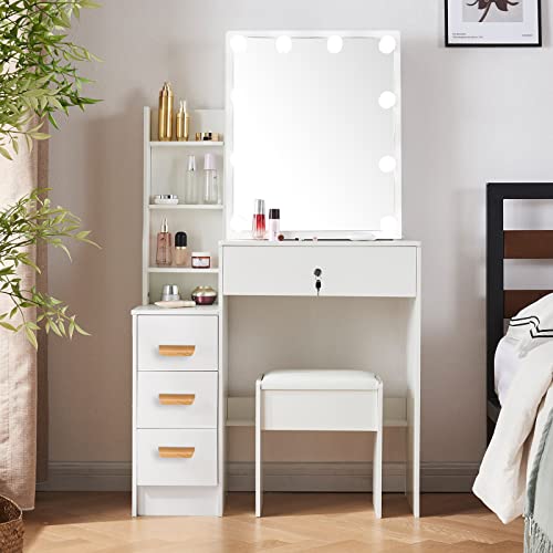 Jansaimei Makeup Vanity Desk Set with Lockable Drawers, Large Storage Capacity Dressing Table with Sliding Mirror, 3 Color Lighted Modes and Cushion Chair. Vanity for Girls, Women. White