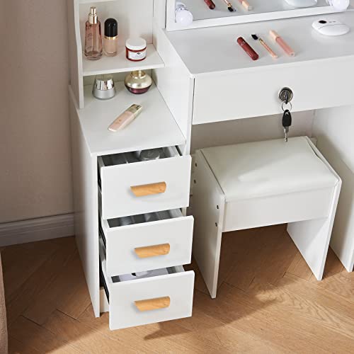 Jansaimei Makeup Vanity Desk Set with Lockable Drawers, Large Storage Capacity Dressing Table with Sliding Mirror, 3 Color Lighted Modes and Cushion Chair. Vanity for Girls, Women. White