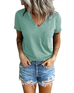 sunborui women's summer short sleeve v neck t shirts pocket solid loose casual tee tops (light green,medium)