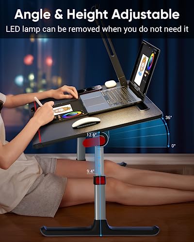 Laptop Desk for Bed with LED Table Lamp, NEARPOW XXL Laptop Bed Tray Desk for Laptop and Writing, Adjustable Bed Table Bed Desk Laptop Stand for Bed or Sofa with Anti-Slip Leather, Removable Stopper