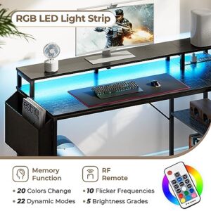 PRAISUN L Shaped Gaming Desk with LED Lights and Power Outlets, Reversible Computer Desk with Storage Bag and Monitor Shelves, Large Leg Room Home Office Desk, Corner Gaming Desk, Black