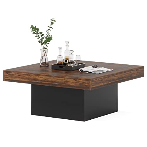 LITTLE TREE Farmhouse Square LED Engineered Wood Living Room Rustic Low Coffee Tables, Black & Brown