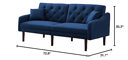 ERYE Modern Velvet Upholstered Futon Sofa with 2 Pillows,72.8” Soft Loveseat Convertible Sleeper Couch Bed for Apartment Office Small Space Living Room Furniture Sets,Sofa & Couch, Blue