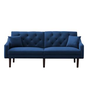 ERYE Modern Velvet Upholstered Futon Sofa with 2 Pillows,72.8” Soft Loveseat Convertible Sleeper Couch Bed for Apartment Office Small Space Living Room Furniture Sets,Sofa & Couch, Blue