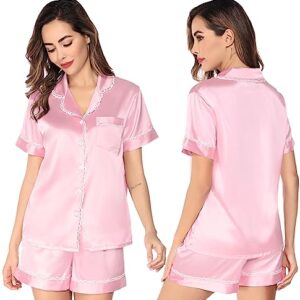 SWOMOG Family Pjs Matching Sets Satin Womens Pajama Sets Silk Pjs 2 Piece Short Sleeves Lace Button Up Pj Silky Loungewear Pink