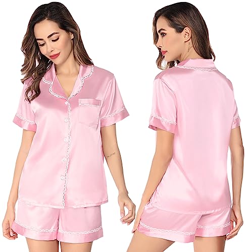 SWOMOG Family Pjs Matching Sets Satin Womens Pajama Sets Silk Pjs 2 Piece Short Sleeves Lace Button Up Pj Silky Loungewear Pink