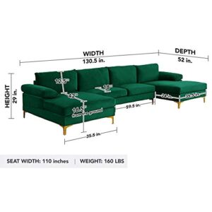 Casa Andrea Milano Modern Large Velvet Fabric U-Shape Sectional Sofa, Double Extra Wide Chaise Lounge Couch with Gold Legs, Green