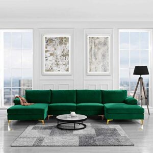 casa andrea milano modern large velvet fabric u-shape sectional sofa, double extra wide chaise lounge couch with gold legs, green