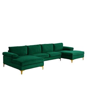 Casa Andrea Milano Modern Large Velvet Fabric U-Shape Sectional Sofa, Double Extra Wide Chaise Lounge Couch with Gold Legs, Green