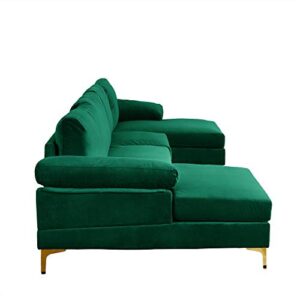 Casa Andrea Milano Modern Large Velvet Fabric U-Shape Sectional Sofa, Double Extra Wide Chaise Lounge Couch with Gold Legs, Green