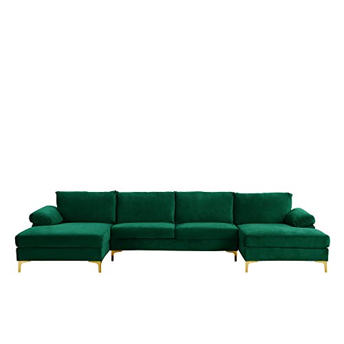 Casa Andrea Milano Modern Large Velvet Fabric U-Shape Sectional Sofa, Double Extra Wide Chaise Lounge Couch with Gold Legs, Green