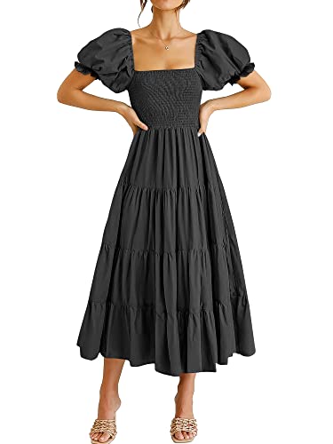 ANRABESS Women's Casual Summer Midi Dress Puffy Short Sleeve Square Neck Smocked Tiered Boho 2023 Spring Dresses for Wedding Bridal Shower 877heise-M Black