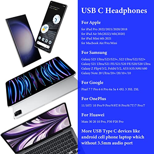 USB C Headphones for iPad 2022,USB Type C Earphones HiFi Stereo USB C Wired Earbuds with Mic Volume Control for Samsung S23+ Ultra S22 S21 S20 A53 A54 Z Flip5/4 Fold5/4,Pixel 7 6 6a 5 4,OnePlus 11