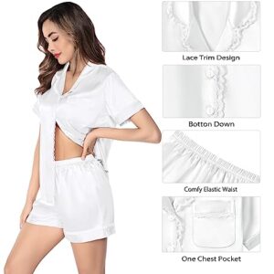 SWOMOG Mommy and Me Pajamas Womens Pajama Sets Satin Silk Pjs 2 Piece Short Sleeves Lace Lounge Shorts Button Up Pj Sleepwear White