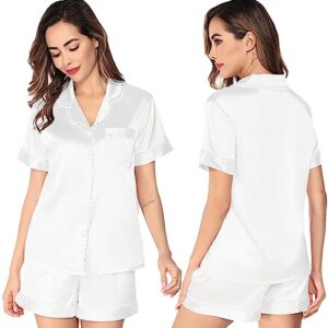 SWOMOG Mommy and Me Pajamas Womens Pajama Sets Satin Silk Pjs 2 Piece Short Sleeves Lace Lounge Shorts Button Up Pj Sleepwear White