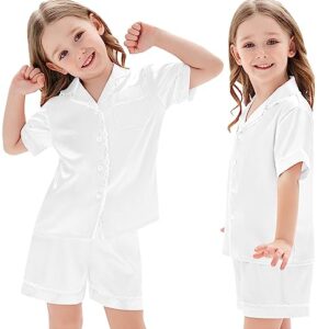 SWOMOG Mommy and Me Pajamas Womens Pajama Sets Satin Silk Pjs 2 Piece Short Sleeves Lace Lounge Shorts Button Up Pj Sleepwear White