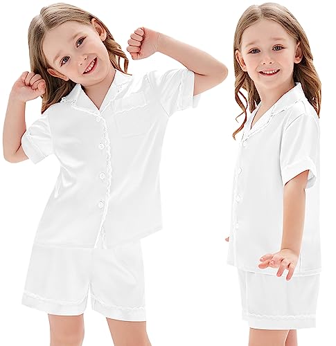 SWOMOG Mommy and Me Pajamas Womens Pajama Sets Satin Silk Pjs 2 Piece Short Sleeves Lace Lounge Shorts Button Up Pj Sleepwear White