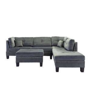 casa andrea milano 3-piece velvet with nailhead trim sectional sofa and ottoman set, large, 78"d x 101"w x 32"h, dark grey