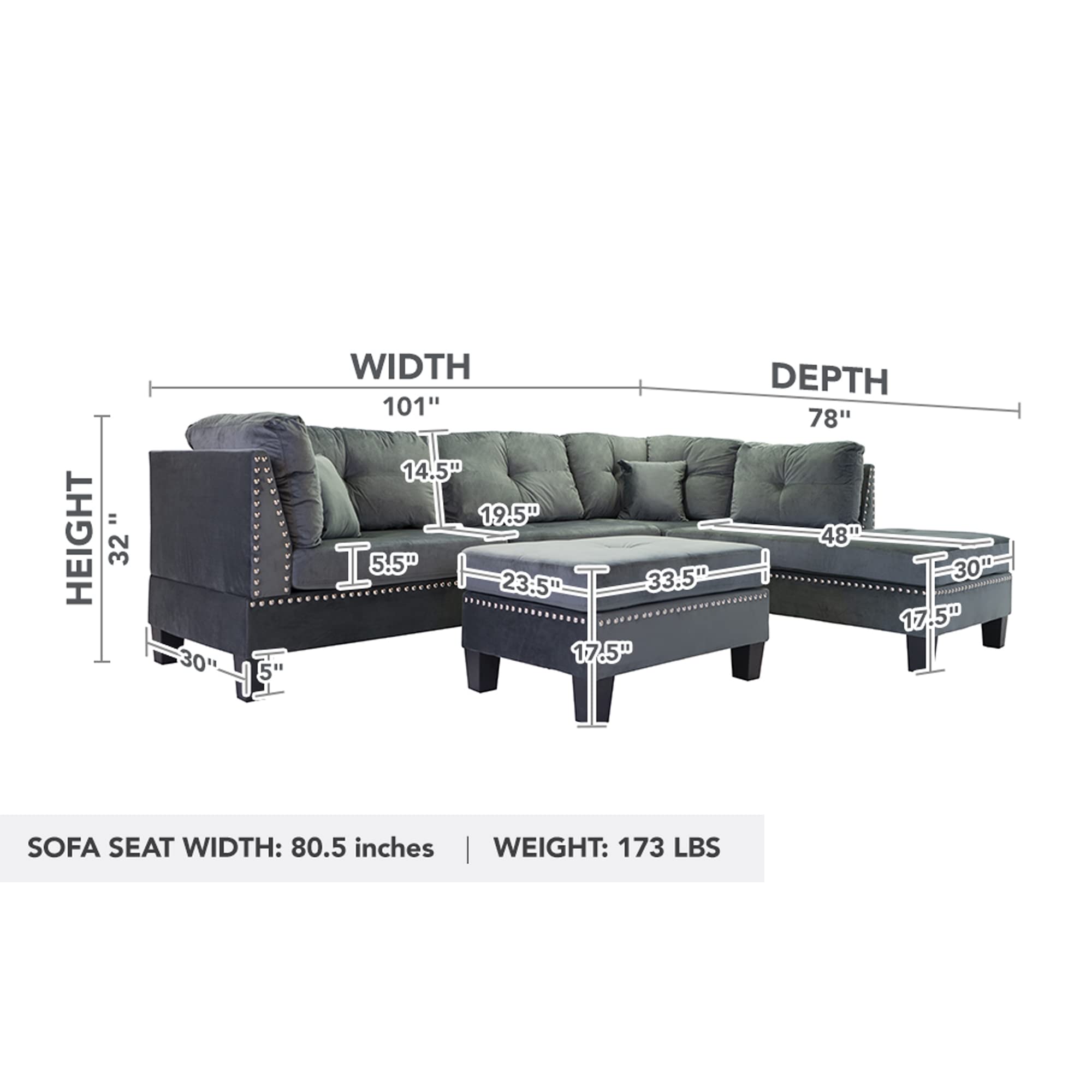 Casa Andrea Milano 3-Piece Velvet with Nailhead Trim Sectional Sofa and Ottoman Set, Large, 78"D x 101"W x 32"H, Dark Grey