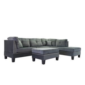 Casa Andrea Milano 3-Piece Velvet with Nailhead Trim Sectional Sofa and Ottoman Set, Large, 78"D x 101"W x 32"H, Dark Grey