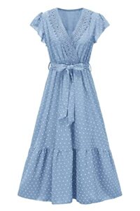 egretlac women v neck haltter sleeveless boho swiss dot dress, elasticated waist a line flowy hem long dresses with tie blue