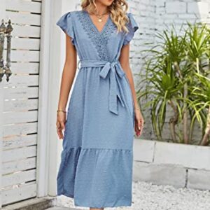 EGRETLAC Women V Neck Haltter Sleeveless Boho Swiss Dot Dress, Elasticated Waist A Line Flowy Hem Long Dresses with Tie Blue