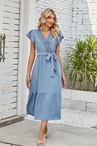 EGRETLAC Women V Neck Haltter Sleeveless Boho Swiss Dot Dress, Elasticated Waist A Line Flowy Hem Long Dresses with Tie Blue