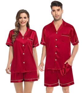 swomog womens silk satin pajamas short sleeve sleepwear two-piece loungewear button-down pj set nightwear red