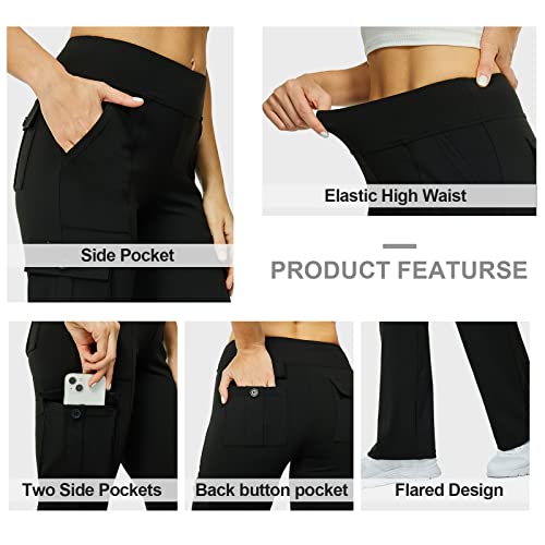 Yoga Flare Leggings for Women High Waisted Yoga Casual Pants Workout Leggings Cargo with 6 Pockets Bootcut Yoga Pants,Black S