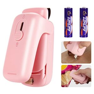 Mini Bag Sealer, Kenossion Chip Bag Sealer - Bag Sealer Heat Seal with Cutter & Magnet, Portable Mini Sealing Machine to Reseal Plastic Bags & Keep Snacks Fresh-Pink (2xAA Batteries Included)