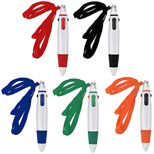 TIESOME Retractable Shuttle Pens with Neck Lanyard, 5 Pieces 4-in-1 Ballpoint Pens Multicolor Pens with Lanyard on Top for Office School Supplies Students Gifts Party Favors