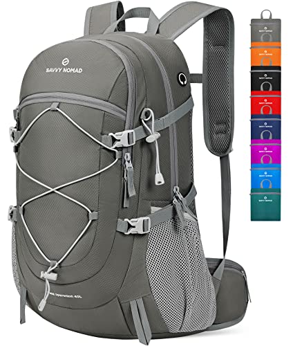 SAVVY NOMAD 40L Hiking Travel Packable Lightweight Camping Backpack Daypack with Removable Belt Bag for Women Men-Gray