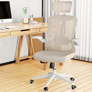 balmstar ergonomic office chair, home office desk chair with adjustable headrest & lumbar support, swivel high back computer chair, breathable mesh desk chair, pu silent wheels, flip-up arms (khaki)