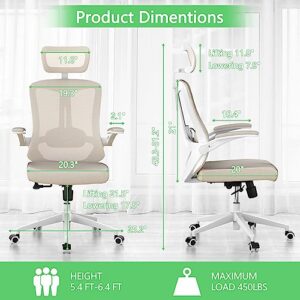 balmstar Ergonomic Office Chair, Home Office Desk Chair with Adjustable Headrest & Lumbar Support, Swivel High Back Computer Chair, Breathable Mesh Desk Chair, PU Silent Wheels, Flip-Up Arms (Khaki)