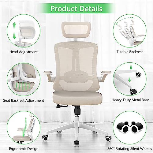 balmstar Ergonomic Office Chair, Home Office Desk Chair with Adjustable Headrest & Lumbar Support, Swivel High Back Computer Chair, Breathable Mesh Desk Chair, PU Silent Wheels, Flip-Up Arms (Khaki)