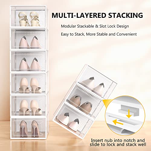 12 Pack Large Shoe Organizer Storage Boxes for Closet, Modular Space Saving Shoe Boxes Clear Plastic Stackable Sneaker Containers Display Case with Lids, White