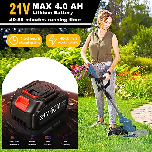 Hengriacly Electric Weed Wacker Battery Powered 4000mAh, 21V Weed Eater Cordless String Trimmer with 4 Types Blades & 2 Pcs Battery & 1 Shoulder Strap (Blue)