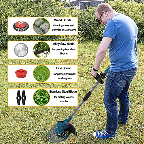 Hengriacly Electric Weed Wacker Battery Powered 4000mAh, 21V Weed Eater Cordless String Trimmer with 4 Types Blades & 2 Pcs Battery & 1 Shoulder Strap (Blue)