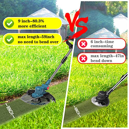 Hengriacly Electric Weed Wacker Battery Powered 4000mAh, 21V Weed Eater Cordless String Trimmer with 4 Types Blades & 2 Pcs Battery & 1 Shoulder Strap (Blue)