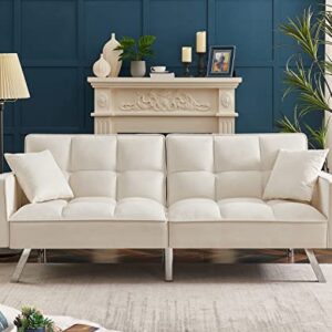 hansones Futon Sofa Bed,Loveseat Folding Daybed，Modern Velvet Fabric Convertible Folding Lounge Couch withwith Arm 2 Pillows Split for Small Space, Home, Living Room (Cream White)