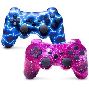 tuozhe wireless controller for ps3, 2 pack controller for play 3, 6-axis with high-performance double shock, motion control, usb charging cable(blue flash and purple sky)