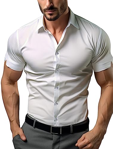 ATFORNA Dress Shirts for Men Cotton Slim Fit Stretch Button Down Shirts Business Causal Blouses White