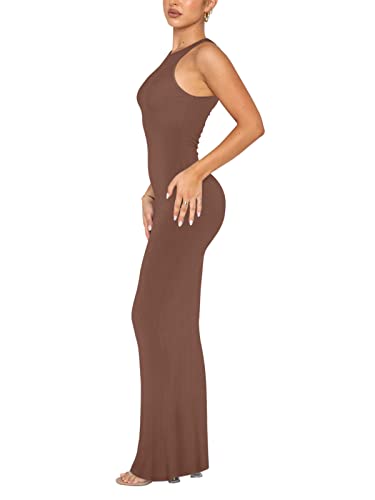 REORIA Women's Summer Sexy Casual Lounge Tank Long Dress Elegant Wedding Guest Sleeveless Halter Neck Bodycon Maxi Dresses Coffee Medium