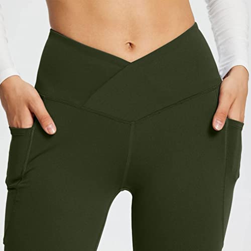 Ceboyel Women Bootcut Yoga Pants Flare V Crossover Workout Leggings High Waisted Active Sweatpants Joggers Pants with Pockets Army Green