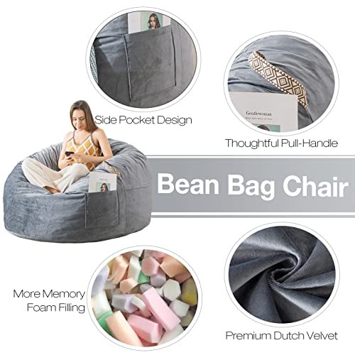WhatsBedding [Removable Outer Cover] 3 ft Bean Bag Chairs for Adults with Filling,Stuffed Memory Foam Bean Bags with Filler,Soft Velvet Bean Bag Furniture for Teens,Machine Washble,3 Foot,Dark Gray
