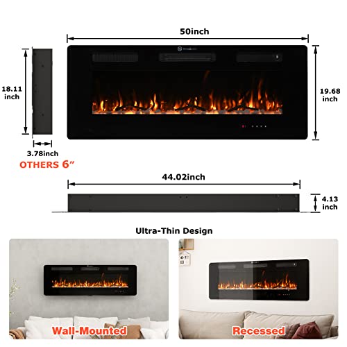 FODINGHILL 50" Insert Wall Mounted Electric Fireplace, Low-Noise Fireplace Heater Mantel Features a Touch Screen, Timer, Adjustable Flame Color, 700W / 1400W